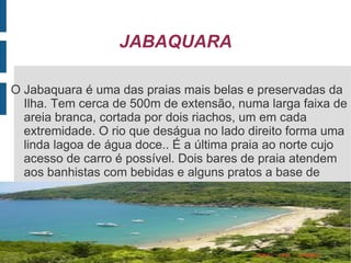 JABAQUARA

O Jabaquara é uma das praias mais belas e preservadas da
  Ilha. Tem cerca de 500m de extensão, numa larga faixa de
  areia branca, cortada por dois riachos, um em cada
  extremidade. O rio que deságua no lado direito forma uma
  linda lagoa de água doce.. É a última praia ao norte cujo
  acesso de carro é possível. Dois bares de praia atendem
  aos banhistas com bebidas e alguns pratos a base de

 