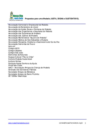 Propostas para uma Ilhabela JUSTA, DIGNA e SUSTENTÁVEL
www.nossailhamaisbela.org.br contato@nossailhamaisbela.org.br 5
Associação Comercial e Empresarial de Ilhabela
Associação de Bartenders do Litoral
Associação de Hotéis, Bares e Similares de Ilhabela
Associação dos Engenheiros e Arquitetos de Ilhabela
Associação dos Esportistas de Ilhabela
Associação dos Jipeiros de Ilhabela
Associação Mantenedora “Aquário de Ilhabela”
Associação Médica de São Sebastião e Ilhabela
Associação Receptivo, Hotelaria e Gastronomia do Sul da Ilha
Associação Sementes do Futuro
Azimuth
Colégio ACEI
Colégio Objetivo
Colégio São João
Elementos da Natureza
Espaço Cultural “Pés no Chão”
Instituto Ilhabela Sustentável
Instituto Véritas
Paróquia Nossa Senhora da Ajuda
Pindá Iate Clube
SACI – Associação Amigos da Criança de Ilhabela
Sindicato dos Servidores Públicos
Sociedade Amigos da Biblioteca
Sociedade Amigos do Bairro Portinho
28°GEMar Maembipe
 