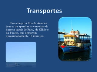 TransportesPara chegar à Ilha da Armona tem-se de apanhar as carreiras de barco a partir de Faro,  de Olhão e da Fuseta, que demoram aproximadamente 15 minutos. 