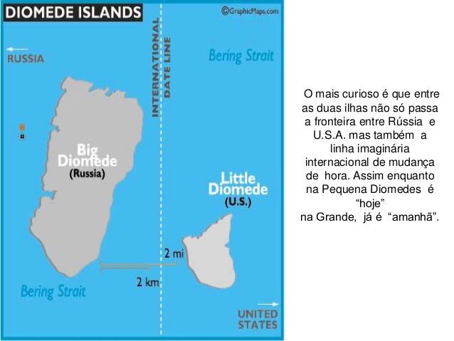 O mais curioso Ã© que entre as duas ilhas nÃ£o sÃ³ passa a fronteira entre RÃºssia e U.S.A. mas tambÃ©m a linha imaginÃ¡ria inte...