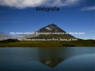 Webgrafia



http://www.online24.pt/paisagem-vulcanica-da-ilha-do-pico/

     http://www.azoresweb.com/flora_fauna_pt.html
 