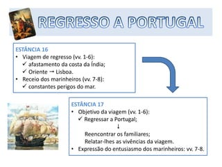 ESTÂNCIA 16
• Viagem de regresso (vv. 1-6):
afastamento da costa da Índia;
Oriente Lisboa.
• Receio dos marinheiros (vv. 7-8):
constantes perigos do mar.
ESTÂNCIA 17
• Objetivo da viagem (vv. 1-6):
Regressar a Portugal;
Reencontrar os familiares;
Relatar-lhes as vivências da viagem.
• Expressão do entusiasmo dos marinheiros: vv. 7-8.