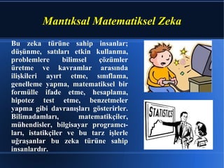 Bu zeka türüne sahip insanlar; düşünme, satıları etkin kullanma, problemlere bilimsel çözümler üretme ve kavramlar arasında ilişkileri ayırt etme, sınıflama, genelleme yapma, matematiksel bir formülle ifade etme, hesaplama, hipotez test etme, benzetmeler yapma gibi davranışları gösterirler. Bilimadamları, matematikçiler, mühendisler, bilgisayar programcı-ları, istatikçiler ve bu tarz işlerle uğraşanlar bu zeka türüne sahip insanlardır. Mantıksal Matematiksel Zeka 