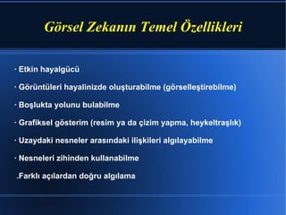 Görsel Zekanın Temel Özellikleri · Etkin hayalgücü · Görüntüleri hayalinizde oluşturabilme (görselleştirebilme) · Boşlukta yolunu bulabilme · Grafiksel gösterim (resim ya da çizim yapma, heykeltraşlık) · Uzaydaki nesneler arasındaki ilişkileri algılayabilme · Nesneleri zihinden kullanabilme   .Farklı açılardan doğru algılama 