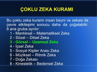 Bu  çoklu zeka kuramı  insan beyni ve zekası ile çevre e tkileşimi sonucu daha da çoğalabilir. 8 ana gruba ayrılır: 1 - Mantıksal – Matematiksel Zeka 2 - Sözel – Dilsel Zeka 3 - Görsel – Uzamsal Zeka 4 - İçsel Zeka 5 - Sosyal Kişiler Arası Zeka 6 - Müziksel – Ritmik Zeka 7 - Doğa Zekası 8 - Kinestetik – Bedensel Zeka  ÇOKLU ZEKA KURAMI 