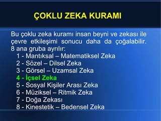 Bu  çoklu zeka kuramı  insan beyni ve zekası ile çevre e tkileşimi sonucu daha da çoğalabilir. 8 ana gruba ayrılır: 1 - Mantıksal – Matematiksel Zeka 2 - Sözel – Dilsel Zeka 3 - Görsel – Uzamsal Zeka 4 - İçsel Zeka 5 - Sosyal Kişiler Arası Zeka 6 - Müziksel – Ritmik Zeka 7 - Doğa Zekası 8 - Kinestetik – Bedensel Zeka  ÇOKLU ZEKA KURAMI 