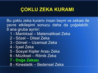 ÇOKLU ZEKA KURAMI Bu  çoklu zeka kuramı  insan beyni ve zekası ile çevre e tkileşimi sonucu daha da çoğalabilir. 8 ana gruba ayrılır: 1 - Mantıksal – Matematiksel Zeka 2 - Sözel – Dilsel Zeka 3 - Görsel – Uzamsal Zeka 4 - İçsel Zeka 5 - Sosyal Kişiler Arası Zeka 6 - Müziksel – Ritmik Zeka 7 - Doğa Zekası 8 - Kinestetik – Bedensel Zeka  