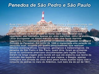 • Suas cinco ilhas principais, rodeadas de ilhotas e pequenas rochas, têmSuas cinco ilhas principais, rodeadas de ilhotas e pequenas rochas, têm
altura máxima de 12 metros e cerca de 350 metros de extensão. Emaltura máxima de 12 metros e cerca de 350 metros de extensão. Em
forma de meia-lua, são rochedos que servem de apoio para aves noforma de meia-lua, são rochedos que servem de apoio para aves no
alto-mar. Estão localizados a aproximadamente 900 quilômetros daalto-mar. Estão localizados a aproximadamente 900 quilômetros da
costa nordeste do Rio Grande do Norte. Sem água potável nemcosta nordeste do Rio Grande do Norte. Sem água potável nem
vegetação, são habitados apenas por aves marinhas, como os atobásvegetação, são habitados apenas por aves marinhas, como os atobás
((Sula leucogasterSula leucogaster, ou Atobá-marron) e tem uma fauna marinha, ou Atobá-marron) e tem uma fauna marinha
riquíssima principalmente em peixes endêmicos (riquíssima principalmente em peixes endêmicos ( Stegastes sanctipauliStegastes sanctipauli --
Donzela de Penedos). Em junho de 1998 é implantada uma estação deDonzela de Penedos). Em junho de 1998 é implantada uma estação de
pesquisa local, ocupada por quatro pesquisadores, que realizampesquisa local, ocupada por quatro pesquisadores, que realizam
estudos oceanográficos, biológicos, geológicos e meteorológicos. Osestudos oceanográficos, biológicos, geológicos e meteorológicos. Os
penedos de São Pedro e São Paulo, quem diria, foram as primeiraspenedos de São Pedro e São Paulo, quem diria, foram as primeiras
terras do continente americano documentadas pelo inglês Charlesterras do continente americano documentadas pelo inglês Charles
Darwin na longa viagem pelo mundo em que ele elaborou sua teoria daDarwin na longa viagem pelo mundo em que ele elaborou sua teoria da
evolução das espécies. O navio em que viajava, o Beagle, apenasevolução das espécies. O navio em que viajava, o Beagle, apenas
começava sua jornada de cinco anos pelos mares quando topou com ocomeçava sua jornada de cinco anos pelos mares quando topou com o
conjunto de pedras no meio do Atlântico, num belo dia de sol de 1831.conjunto de pedras no meio do Atlântico, num belo dia de sol de 1831.
 
