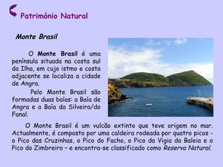 Património Natural Monte Brasil O  Monte Brasil  é uma península situada na costa sul da Ilha, em cujo istmo e costa adjacente se localiza a cidade de Angra.   Pelo Monte Brasil são formadas duas baías: a Baía de Angra e a Baía da Silveira/do Fanal. O Monte Brasil é um vulcão extinto que teve origem no mar. Actualmente, é composto por uma caldeira rodeada por quatro picos -o Pico das Cruzinhas, o Pico do Facho, o Pico da Vigia da Baleia e o Pico do Zimbreiro – e encontra-se classificado como  Reserva Natural . 