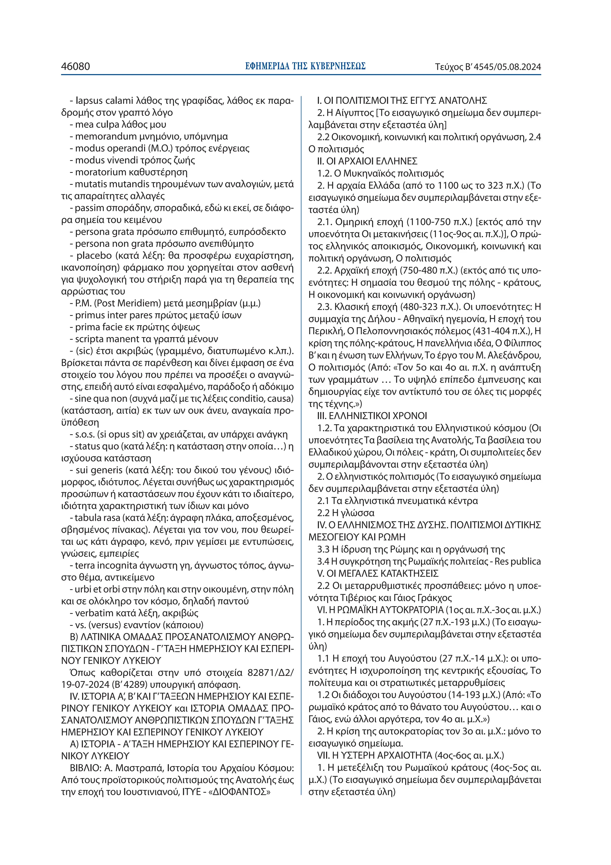 ΕΦΗΜΕΡΙ∆Α TΗΣ ΚΥΒΕΡΝΗΣΕΩΣ
46080 Τεύχος B’4545/05.08.2024
- lapsus calami λάθος της γραφίδας, λάθος εκ παρα-
δρομής στον γραπτό λόγο
- mea culpa λάθος μου
- memorandum μνημόνιο, υπόμνημα
- modus operandi (M.O.) τρόπος ενέργειας
- modus vivendi τρόπος ζωής
- moratorium καθυστέρηση
- mutatis mutandis τηρουμένων των αναλογιών, μετά
τις απαραίτητες αλλαγές
- passim σποράδην, σποραδικά, εδώ κι εκεί, σε διάφο-
ρα σημεία του κειμένου
- persona grata πρόσωπο επιθυμητό, ευπρόσδεκτο
- persona non grata πρόσωπο ανεπιθύμητο
- placebo (κατά λέξη: θα προσφέρω ευχαρίστηση,
ικανοποίηση) φάρμακο που χορηγείται στον ασθενή
για ψυχολογική του στήριξη παρά για τη θεραπεία της
αρρώστιας του
- P.M. (Post Meridiem) μετά μεσημβρίαν (μ.μ.)
- primus inter pares πρώτος μεταξύ ίσων
- prima facie εκ πρώτης όψεως
- scripta manent τα γραπτά μένουν
- (sic) έτσι ακριβώς (γραμμένο, διατυπωμένο κ.λπ.).
Βρίσκεται πάντα σε παρένθεση και δίνει έμφαση σε ένα
στοιχείο του λόγου που πρέπει να προσέξει ο αναγνώ-
στης, επειδή αυτό είναι εσφαλμένο, παράδοξο ή αδόκιμο
- sine qua non (συχνά μαζί με τις λέξεις conditio, causa)
(κατάσταση, αιτία) εκ των ων ουκ άνευ, αναγκαία προ-
ϋπόθεση
- s.o.s. (si opus sit) αν χρειάζεται, αν υπάρχει ανάγκη
- status quo (κατά λέξη: η κατάσταση στην οποία…) η
ισχύουσα κατάσταση
- sui generis (κατά λέξη: του δικού του γένους) ιδιό-
μορφος, ιδιότυπος. Λέγεται συνήθως ως χαρακτηρισμός
προσώπων ή καταστάσεων που έχουν κάτι το ιδιαίτερο,
ιδιότητα χαρακτηριστική των ίδιων και μόνο
- tabula rasa (κατά λέξη: άγραφη πλάκα, αποξεσμένος,
σβησμένος πίνακας). Λέγεται για τον νου, που θεωρεί-
ται ως κάτι άγραφο, κενό, πριν γεμίσει με εντυπώσεις,
γνώσεις, εμπειρίες
- terra incognita άγνωστη γη, άγνωστος τόπος, άγνω-
στο θέμα, αντικείμενο
- urbi et orbi στην πόλη και στην οικουμένη, στην πόλη
και σε ολόκληρο τον κόσμο, δηλαδή παντού
- verbatim κατά λέξη, ακριβώς
- vs. (versus) εναντίον (κάποιου)
Β) ΛΑΤΙΝΙΚΑ ΟΜΑΔΑΣ ΠΡΟΣΑΝΑΤΟΛΙΣΜΟΥ ΑΝΘΡΩ-
ΠΙΣΤΙΚΩΝ ΣΠΟΥΔΩΝ - Γ’ΤΑΞΗ ΗΜΕΡΗΣΙΟΥ ΚΑΙ ΕΣΠΕΡΙ-
ΝΟΥ ΓΕΝΙΚΟΥ ΛΥΚΕΙΟΥ
Όπως καθορίζεται στην υπό στοιχεία 82871/Δ2/
19-07-2024 (Β’4289) υπουργική απόφαση.
IV. ΙΣΤΟΡΙΑ Α’, Β’ΚΑΙ Γ’ΤΑΞΕΩΝ ΗΜΕΡΗΣΙΟΥ ΚΑΙ ΕΣΠΕ-
ΡΙΝΟΥ ΓΕΝΙΚΟΥ ΛΥΚΕΙΟΥ και ΙΣΤΟΡΙΑ ΟΜΑΔΑΣ ΠΡΟ-
ΣΑΝΑΤΟΛΙΣΜΟΥ ΑΝΘΡΩΠΙΣΤΙΚΩΝ ΣΠΟΥΔΩΝ Γ’ΤΑΞΗΣ
ΗΜΕΡΗΣΙΟΥ ΚΑΙ ΕΣΠΕΡΙΝΟΥ ΓΕΝΙΚΟΥ ΛΥΚΕΙΟΥ
Α) ΙΣΤΟΡΙΑ - Α’ΤΑΞΗ ΗΜΕΡΗΣΙΟΥ ΚΑΙ ΕΣΠΕΡΙΝΟΥ ΓΕ-
ΝΙΚΟΥ ΛΥΚΕΙΟΥ
ΒΙΒΛΙΟ: Α. Μαστραπά, Ιστορία του Αρχαίου Κόσμου:
Από τους προϊστορικούς πολιτισμούς της Ανατολής έως
την εποχή του Ιουστινιανού, ΙΤΥΕ - «ΔΙΟΦΑΝΤΟΣ»
Ι. ΟΙ ΠΟΛΙΤΙΣΜΟΙ ΤΗΣ ΕΓΓΥΣ ΑΝΑΤΟΛΗΣ
2. Η Αίγυπτος [Το εισαγωγικό σημείωμα δεν συμπερι-
λαμβάνεται στην εξεταστέα ύλη]
2.2 Οικονομική, κοινωνική και πολιτική οργάνωση, 2.4
Ο πολιτισμός
ΙΙ. ΟΙ ΑΡΧΑΙΟΙ ΕΛΛΗΝΕΣ
1.2. O Mυκηναϊκός πολιτισμός
2. Η αρχαία Ελλάδα (από το 1100 ως το 323 π.Χ.) (Το
εισαγωγικό σημείωμα δεν συμπεριλαμβάνεται στην εξε-
ταστέα ύλη)
2.1. Ομηρική εποχή (1100-750 π.Χ.) [εκτός από την
υποενότητα Οι μετακινήσεις (11ος-9ος αι. π.Χ.)], Ο πρώ-
τος ελληνικός αποικισμός, Οικονομική, κοινωνική και
πολιτική οργάνωση, Ο πολιτισμός
2.2. Αρχαϊκή εποχή (750-480 π.Χ.) (εκτός από τις υπο-
ενότητες: Η σημασία του θεσμού της πόλης - κράτους,
Η οικονομική και κοινωνική οργάνωση)
2.3. Κλασική εποχή (480-323 π.Χ.). Οι υποενότητες: Η
συμμαχία της Δήλου - Αθηναϊκή ηγεμονία, Η εποχή του
Περικλή, Ο Πελοποννησιακός πόλεμος (431-404 π.Χ.), Η
κρίση της πόλης-κράτους, Η πανελλήνια ιδέα, Ο Φίλιππος
Β’και η ένωση των Ελλήνων,Το έργο του Μ. Αλεξάνδρου,
Ο πολιτισμός (Από: «Τον 5ο και 4ο αι. π.Χ. η ανάπτυξη
των γραμμάτων … Το υψηλό επίπεδο έμπνευσης και
δημιουργίας είχε τον αντίκτυπό του σε όλες τις μορφές
της τέχνης.»)
ΙΙΙ. ΕΛΛΗΝΙΣΤΙΚΟΙ ΧΡΟΝΟΙ
1.2. Τα χαρακτηριστικά του Ελληνιστικού κόσμου (Οι
υποενότητεςΤα βασίλεια της Ανατολής,Τα βασίλεια του
Ελλαδικού χώρου, Οι πόλεις - κράτη, Οι συμπολιτείες δεν
συμπεριλαμβάνονται στην εξεταστέα ύλη)
2. Ο ελληνιστικός πολιτισμός (Το εισαγωγικό σημείωμα
δεν συμπεριλαμβάνεται στην εξεταστέα ύλη)
2.1 Τα ελληνιστικά πνευματικά κέντρα
2.2 Η γλώσσα
IV. Ο ΕΛΛΗΝΙΣΜΟΣΤΗΣ ΔΥΣΗΣ. ΠΟΛΙΤΙΣΜΟΙ ΔΥΤΙΚΗΣ
ΜΕΣΟΓΕΙΟΥ ΚΑΙ ΡΩΜΗ
3.3 Η ίδρυση της Ρώμης και η οργάνωσή της
3.4 Η συγκρότηση της Ρωμαϊκής πολιτείας - Res publica
V. OI MEΓΑΛΕΣ ΚΑΤΑΚΤΗΣΕΙΣ
2.2 Οι μεταρρυθμιστικές προσπάθειες: μόνο η υποε-
νότητα Τιβέριος και Γάιος Γράκχος
VI. Η ΡΩΜΑΪΚΗ ΑΥΤΟΚΡΑΤΟΡΙΑ (1ος αι. π.Χ.-3ος αι. μ.Χ.)
1. Η περίοδος της ακμής (27 π.Χ.-193 μ.Χ.) (Το εισαγω-
γικό σημείωμα δεν συμπεριλαμβάνεται στην εξεταστέα
ύλη)
1.1 Η εποχή του Αυγούστου (27 π.Χ.-14 μ.Χ.): οι υπο-
ενότητες Η ισχυροποίηση της κεντρικής εξουσίας, Το
πολίτευμα και οι στρατιωτικές μεταρρυθμίσεις
1.2 Οι διάδοχοι του Αυγούστου (14-193 μ.Χ.) (Από: «Το
ρωμαϊκό κράτος από το θάνατο του Αυγούστου… και ο
Γάιος, ενώ άλλοι αργότερα, τον 4ο αι. μ.Χ.»)
2. Η κρίση της αυτοκρατορίας τον 3ο αι. μ.Χ.: μόνο το
εισαγωγικό σημείωμα.
VII. H ΥΣΤΕΡΗ ΑΡΧΑΙΟΤΗΤΑ (4ος-6ος αι. μ.Χ.)
1. Η μετεξέλιξη του Ρωμαϊκού κράτους (4ος-5ος αι.
μ.Χ.) (Το εισαγωγικό σημείωμα δεν συμπεριλαμβάνεται
στην εξεταστέα ύλη)
 