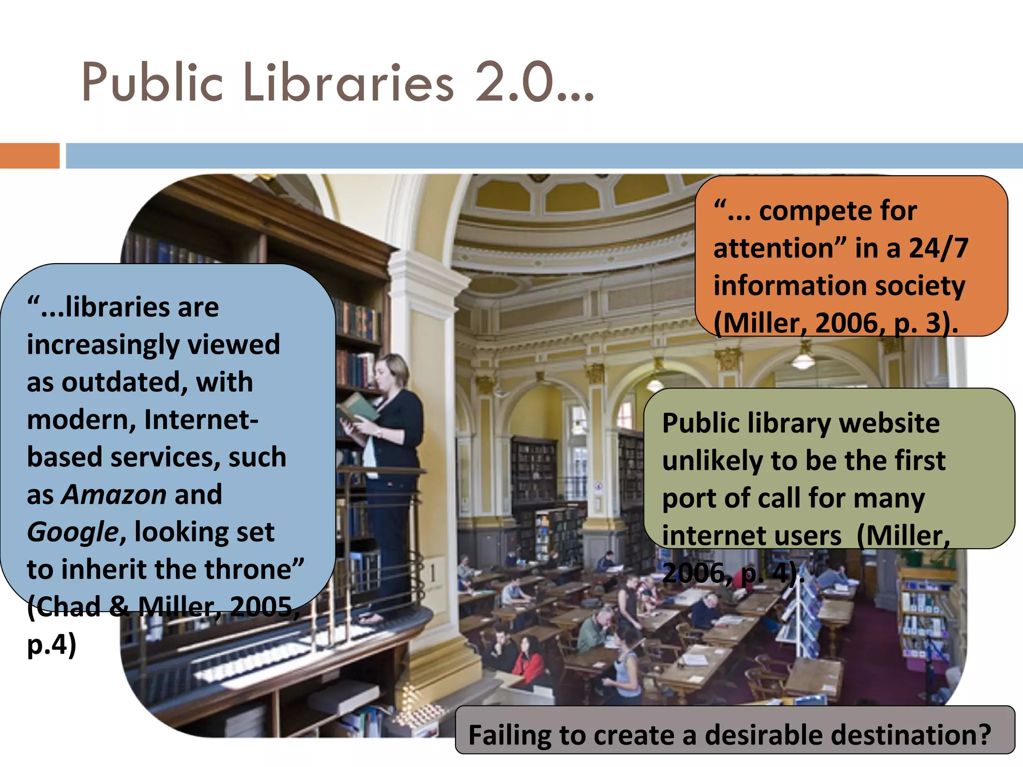 Public Libraries 2.0... “ ...libraries are increasingly viewed as outdated, with modern, Internet-based services, such as  Amazon  and  Google , looking set to inherit the throne” (Chad & Miller, 2005,  p.4)  “ ... compete for attention” in a 24/7 information society (Miller, 2006, p. 3).  Public library website unlikely to be the first port of call for many internet users  (Miller, 2006, p. 4). Failing to create a desirable destination? 