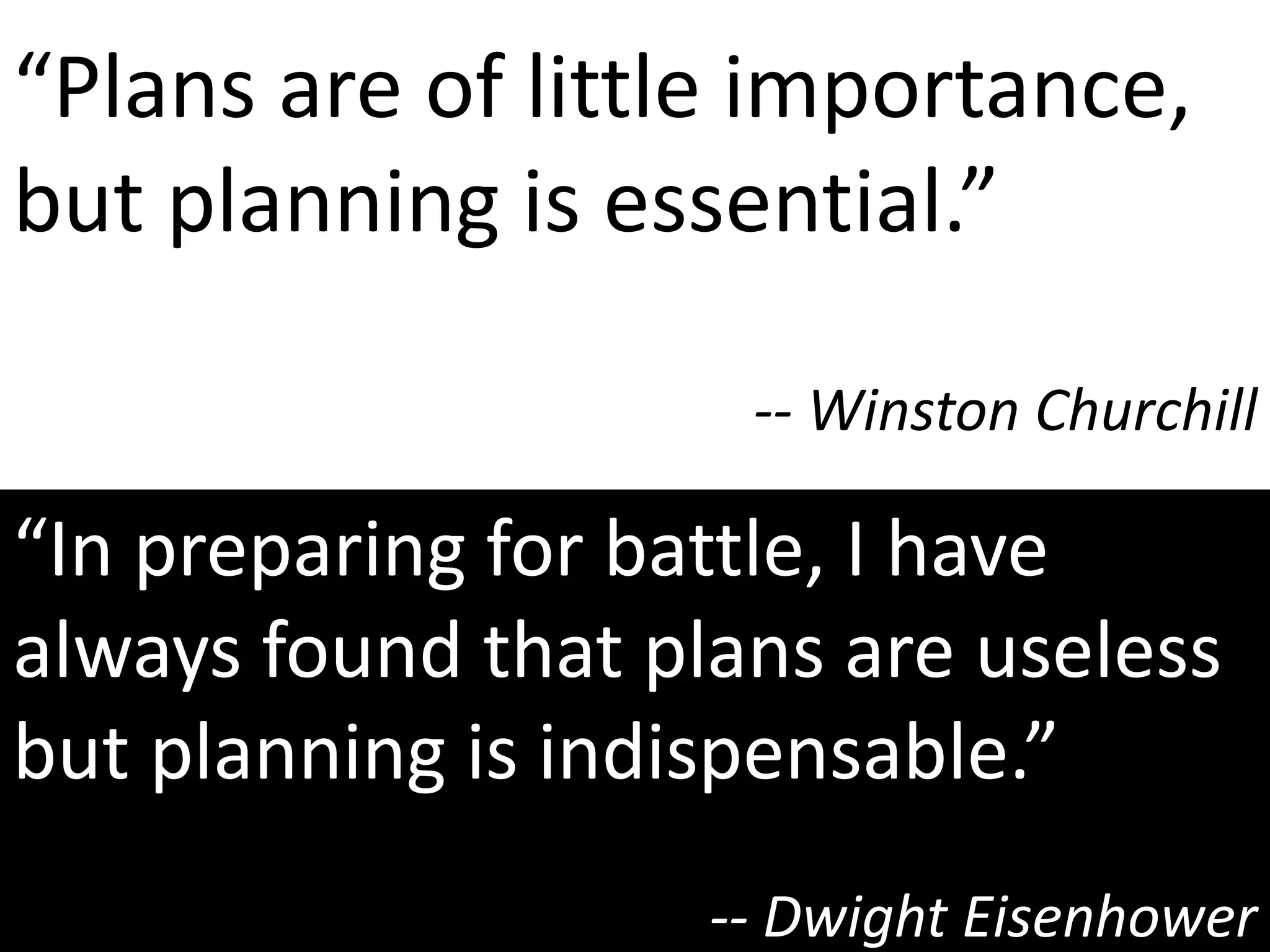 “Plans are of little importance,
but planning is essential.”
-- Winston Churchill
“In preparing for battle, I have
always found that plans are useless
but planning is indispensable.”
-- Dwight Eisenhower
 