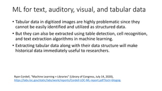 ML for text, auditory, visual, and tabular data
• Tabular data in digitized images are highly problematic since they
cannot be easily identified and utilized as structured data.
• But they can also be extracted using table detection, cell recognition,
and text extraction algorithms in machine learning.
• Extracting tabular data along with their data structure will make
historical data immediately useful to researchers.
Ryan Cordell, “Machine Learning + Libraries” (Library of Congress, July 14, 2020),
https://labs.loc.gov/static/labs/work/reports/Cordell-LOC-ML-report.pdf?loclr=blogsig.
 