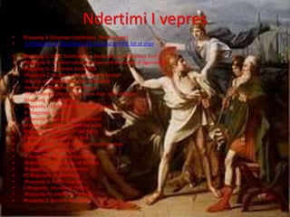 Ndertimi I vepres
• Rhapsody:A Distemper (epidemic). Wrath (anger)
• 5.2 Rhapsody B: The dream, the meeting and the list of ships
• Rhapsody C: Oath. Teichoskopia. Alexander and Menelaus duel
• Rhapsody D: Violation attached vows and deception of Agamemnon
• Rhapsody Q: Diomedes Excellence
• Rhapsody Z: Hector And Andromache Speech
• Glaucus and Diomedes in the battlefield
• Hector and Andromache dialogue
• The Rhapsody: Hector And Aiana duel. Still retraction
• Rhapsody H: Colo battle
• Rhapsody I: Embassy toward Achilles. Lita
• K Rhapsody: Doloneia
• Rhapsody L: Agamemnon Excellence
• M Rhapsody: Battle around the walls
• Rhapsody N: Battle on In like nafsin
• X Rhapsody: Deception of Zeus
• The Rhapsody: Tough battle surrounding ships
• W Rhapsody: Patrokleia
• P Rhapsody: Menelaos Excellence
• Rhapsody In: The armor of Achilles
• Rhapsody T: Minidos aporrisis
• PC Rhapsody: Theomachia
• Rhapsody V: Battle riparian
• X Rhapsody: Murder of Hector
• Rhapsody PS: HABD on Patroklῳ
• Rhapsody Z: Ransom for Hector
 