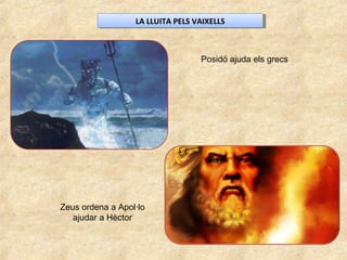 LA LLUITA PELS VAIXELLSLA LLUITA PELS VAIXELLS
Posidó ajuda els grecs
Zeus ordena a Apol·lo
ajudar a Hèctor
 