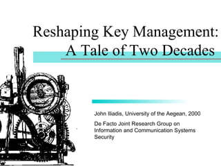 Reshaping Key Management:
A Tale of Two Decades

John Iliadis, University of the Aegean, 2000
De Facto Joint Research Group on
Information and Communication Systems
Security

 
