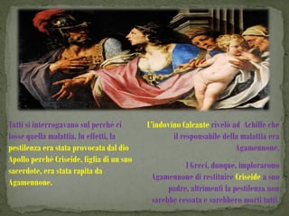 Tutti si interrogavano sul perché ci       L’indovino Calcante rivelò ad Achille che
fosse quella malattia. In effetti, la              il responsabile della malattia era
pestilenza era stata provocata dal dio                                 Agamennone.
Apollo perché Criseide, figlia di un suo
                                                      I Greci, dunque, implorarono
sacerdote, era stata rapita da
                                            Agamennone di restituire Criseide a suo
Agamennone.
                                                 padre, altrimenti la pestilenza non
                                            sarebbe cessata e sarebbero morti tutti.
 