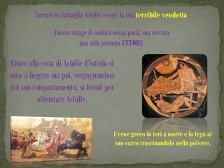 Tornato in battaglia Achille eseguì la sua terribile vendetta.

                 Faceva strage di soldati senza pietà, ma cercava
                           una sola persona ETTORE.

Ettore alla vista di Achille d’istinto si
mise a fuggire ma poi, vergognandosi
del suo comportamento, si fermò per
          affrontare Achille.


                                         L’eroe greco lo ferì a morte e lo legò al
                                         suo carro trascinandolo nella polvere.
 