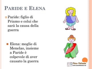 PARIDE E ELENA
 Paride: figlio di
Priamo e colui che
sarà la causa della
guerra
 Elena: moglie di
Menelao, insieme
a Paride è
colpevole di aver
causato la guerra
 