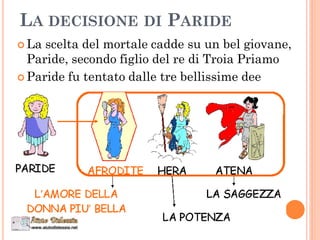 LA DECISIONE DI PARIDE
 La scelta del mortale cadde su un bel giovane,
Paride, secondo figlio del re di Troia Priamo
 Paride fu tentato dalle tre bellissime dee
 