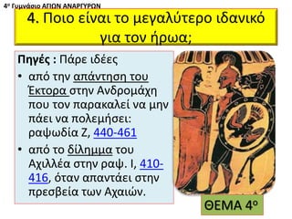 4. Ποιο είναι το μεγαλύτερο ιδανικό
για τον ήρωα;
Πηγές : Πάρε ιδέες
• από την απάντηση του
Έκτορα στην Ανδρομάχη
που τον παρακαλεί να μην
πάει να πολεμήσει:
ραψωδία Ζ, 440-461
• από το δίλημμα του
Αχιλλέα στην ραψ. Ι, 410-
416, όταν απαντάει στην
πρεσβεία των Αχαιών.
4ο Γυμνάσιο ΑΓΙΩΝ ΑΝΑΡΓΥΡΩΝ
ΘΕΜΑ 4ο
 