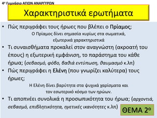 Χαρακτηριστικά ερωτήματα
• Πώς περιγράφει τους ήρωες που βλέπει ο Πρίαμος;
Ο Πρίαμος δίνει σημασία κυρίως στα σωματικά,
εξωτερικά χαρακτηριστικά
• Τι συναισθήματα προκαλεί στον αναγνώστη (ακροατή του
έπους) η εξωτερική εμφάνιση, το παράστημα του κάθε
ήρωα; (σεβασμό, φόβο, βαθιά εντύπωση, θαυμασμό κ.λπ)
• Πώς περιγράφει η Ελένη (που γνωρίζει καλύτερα) τους
ήρωες;
Η Ελένη δίνει βαρύτητα στα ψυχικά χαρίσματα και
τον εσωτερικό κόσμο των ηρώων.
• Τι αποπνέει συνολικά η προσωπικότητα του ήρωα; (αρχοντιά,
σεβασμό, επιβλητικότητα, ηγετικές ικανότητες κ.λπ)
4ο Γυμνάσιο ΑΓΙΩΝ ΑΝΑΡΓΥΡΩΝ
ΘΕΜΑ 2ο
 
