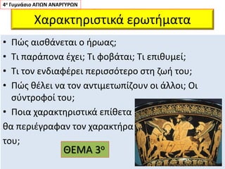 Χαρακτηριστικά ερωτήματα
• Πώς αισθάνεται ο ήρωας;
• Τι παράπονα έχει; Τι φοβάται; Τι επιθυμεί;
• Τι τον ενδιαφέρει περισσότερο στη ζωή του;
• Πώς θέλει να τον αντιμετωπίζουν οι άλλοι; Οι
σύντροφοί του;
• Ποια χαρακτηριστικά επίθετα
θα περιέγραφαν τον χαρακτήρα
του;
4ο Γυμνάσιο ΑΓΙΩΝ ΑΝΑΡΓΥΡΩΝ
ΘΕΜΑ 3ο
 