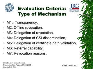 Evaluation Criteria:
Type of Mechanism
➢
➢
➢
➢
➢
➢
➢

M1: Transparency,
M2: Offline revocation,
M3: Delegation of revocation,
M4: Delegation of CSI dissemination,
M5: Delegation of certificate path validation,
M6: Referral capability,
M7: Revocation reasons.

John Iliadis, Stefanos Gritzalis
University of the Aegean, IPICS 2002
Copyright © 2002

Slide 10 out of 21

 