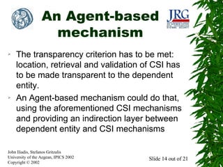 An Agent-based
mechanism
➢

➢

The transparency criterion has to be met:
location, retrieval and validation of CSI has
to be made transparent to the dependent
entity.
An Agent-based mechanism could do that,
using the aforementioned CSI mechanisms
and providing an indirection layer between
dependent entity and CSI mechanisms

John Iliadis, Stefanos Gritzalis
University of the Aegean, IPICS 2002
Copyright © 2002

Slide 14 out of 21

 