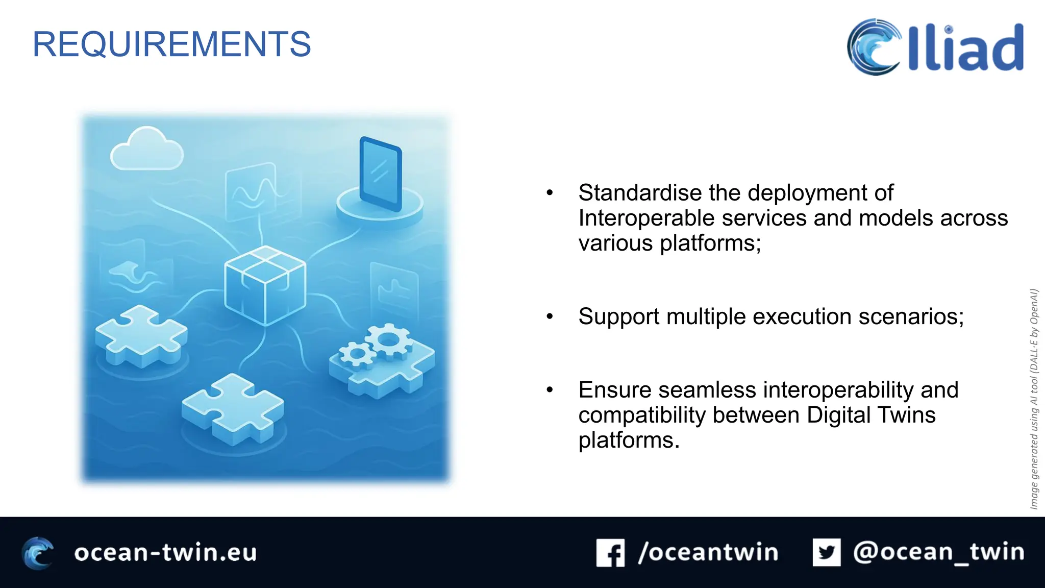 REQUIREMENTS
• Standardise the deployment of
Interoperable services and models across
various platforms;
• Support multiple execution scenarios;
• Ensure seamless interoperability and
compatibility between Digital Twins
platforms.
Image
generated
using
AI
tool
(DALL·E
by
OpenAI)
 