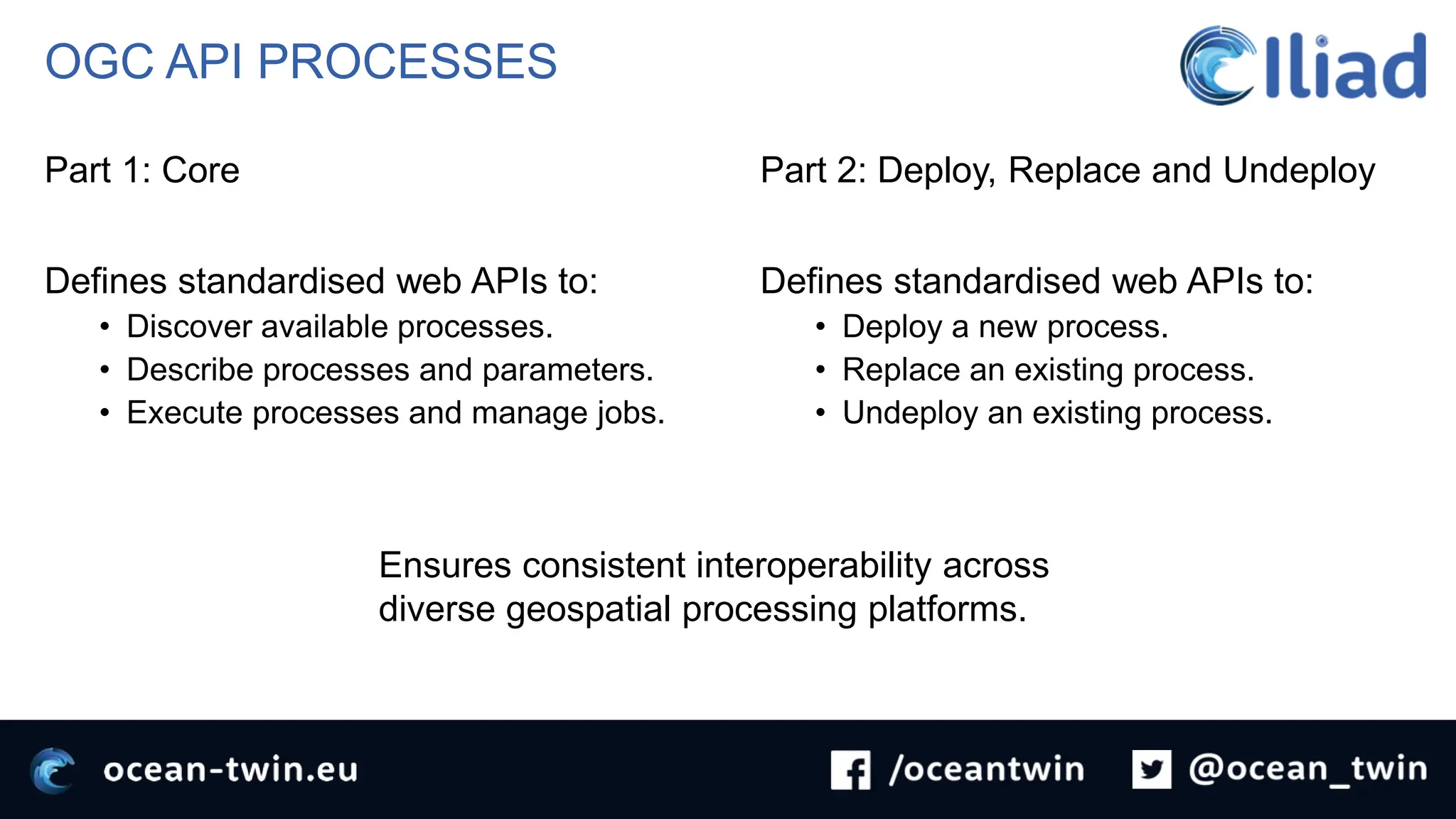 OGC API PROCESSES
Part 1: Core
Defines standardised web APIs to:
• Discover available processes.
• Describe processes and parameters.
• Execute processes and manage jobs.
Part 2: Deploy, Replace and Undeploy
Defines standardised web APIs to:
• Deploy a new process.
• Replace an existing process.
• Undeploy an existing process.
Ensures consistent interoperability across
diverse geospatial processing platforms.
 