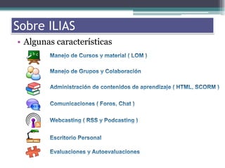 Sobre los ILIASSobre ILIASAlgunas característicasManejo de Cursos y material ( LOM )Manejo de Grupos y ColaboraciónAdministración de contenidos de aprendizaje ( HTML, SCORM )Comunicaciones ( Foros, Chat )Webcasting ( RSS y Podcasting )Escritorio PersonalEvaluaciones y Autoevaluaciones
