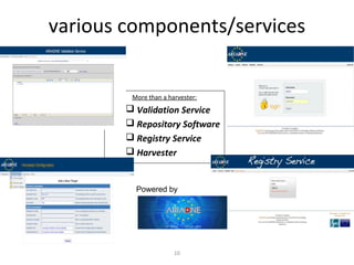 various components/services


         More than a harvester:
         Validation Service
         Repository Software
         Registry Service
         Harvester


          Powered by




                       10
 