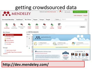 getting crowdsourced data




http://dev.mendeley.com/
 