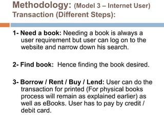 Methodology: (Model 3 – Internet User)
Transaction (Different Steps):
1- Need a book: Needing a book is always a
user requirement but user can log on to the
website and narrow down his search.
2- Find book: Hence finding the book desired.
3- Borrow / Rent / Buy / Lend: User can do the
transaction for printed (For physical books
process will remain as explained earlier) as
well as eBooks. User has to pay by credit /
debit card.
 