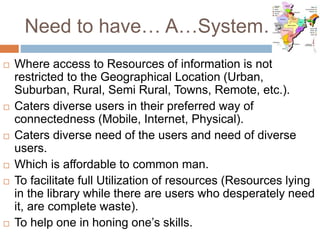 Need to have… A…System…
 Where access to Resources of information is not
restricted to the Geographical Location (Urban,
Suburban, Rural, Semi Rural, Towns, Remote, etc.).
 Caters diverse users in their preferred way of
connectedness (Mobile, Internet, Physical).
 Caters diverse need of the users and need of diverse
users.
 Which is affordable to common man.
 To facilitate full Utilization of resources (Resources lying
in the library while there are users who desperately need
it, are complete waste).
 To help one in honing one’s skills.
 