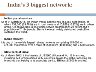 India’s 3 biggest network:
 Indian postal services:
As of 31 March 2011, the Indian Postal Service has 154,866 post offices, of
which 139,040 (89.78%) are in rural areas and 15,826 (10.22%) are in urban
areas. On an average, a post office serves an area of 21.23 sq;km and a
population of 7,114 people. This is the most widely distributed post office
system in the world.
 Indian Railway:
It is one of the world's largest railway networks comprising 115,000 km
(71,000 mi) of track over a route of 65,000 km (40,000 mi) and 7,500 stations.
 State bank of India:
As of March 2012, it had assets of US$360 billion and 14,119 branches,
including 173 foreign offices in 37 countries across the globe. Including the
branches that belong to its associate banks, SBI has 21,500 branches.
 
