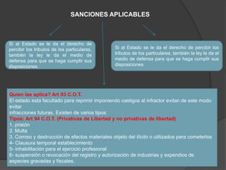 SANCIONES APLICABLES
Si al Estado se le da el derecho de
percibir los tributos de los particulares,
también la ley le da el medio de
defensa para que se haga cumplir sus
disposiciones.
Si al Estado se le da el derecho de percibir los
tributos de los particulares, también la ley le da el
medio de defensa para que se haga cumplir sus
disposiciones.
Quien las aplica? Art 93 C.O.T.
El estado esta facultado para reprimir imponiendo castigos al infractor evitan de este modo
evitar
infracciones futuras. Existen de varios tipos:
Tipos: Art 94 C.O.T. (Privativas de Libertad y no privativas de libertad)
1. prisión
2. Multa
3. Comiso y destrucción de efectos materiales objeto del ilícito o utilizados para cometerlos
4- Clausura temporal establecimiento
5- inhabilitación para el ejercicio profesional
6- suspensión o revocación del registro y autorización de industrias y expendios de
especies gravadas y fiscales.
 