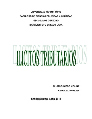UNIVERSIDAD FERMIN TORO
FACULTAD DE CIENCIAS POLITICAS Y JURIDICAS
ESCUELA DE DERECHO
BARQUISIMETO ESTADO-LARA
ALUMNO: DIEGO MOLINA
CEDULA: 20.009.834
BARQUISIMETO, ABRIL 2016
 