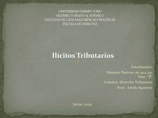 Estudiantes:
Heymar Pastran 26.304.451
Saia: “B”
Catedra: Derecho Tributario
Prof.: Emily Ramírez
Junio, 2019
Ilícitos Tributarios
 