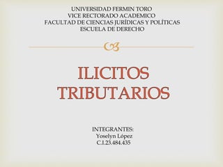 
UNIVERSIDAD FERMIN TORO
VICE RECTORADO ACADEMICO
FACULTAD DE CIENCIAS JURÍDICAS Y POLÍTICAS
ESCUELA DE DERECHO
INTEGRANTES:
Yoselyn López
C.I.23.484.435
 