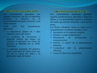 CIRCUNSTANCIAS AGRAVANTES.
Las circunstancias agravantes son
aquellas situaciones que por su naturaleza
justifican el aumento de la
responsabilidad del agente infractor y una
mayor sanción.
Art95 COT: Son circunstancias
agravantes:
 La reincidencia (dentro de 5 años
contados a partir del ilícito)
 La condición de funcionario o
empleado público que tengan sus
coautores o participes (en virtud del
principio de fidelidad con la ADM.
Tributaria)
 La magnitud monetaria del perjuicio
fiscal y gravedad del ilícito (tiene que
ver con el monto del ilícito y la
tipificación legal del hecho)
CIRCUNSTANCIAS ATENUANTES.
Son circunstancias atenuantes generales
aquellos acontecimientos aplicables a todos los
delitos y a la personalidad anterior y posterior
del hecho que permite disminuir o suavizar las
penas.
Los Ilícitos tributarios tienen su origen por el
incumplimiento de deberes formales como:
 Inscripción en los registros exigidos.
 Emisión o exigir comprobantes.
 Presentación de declaraciones y
comunicaciones.
 Permitir el control de la administración
tributaria.
 Compadecer ante la administración
tributaria.
 Llevar los libros de contabilidad.
 
