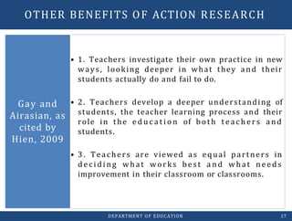 • 1. Teachers investigate their own practice in new
ways, looking deeper in what they and their
students actually do and fail to do.
• 2. Teachers develop a deeper understanding of
students, the teacher learning process and their
role in the e d u c a t i o n of both t ea c h er s and
students.
• 3. Teachers are viewed as equal partners in
d ec i d ing what works best a n d what need s
improvement in their classroom or classrooms.
Gay and
Airasian, as
cited by
Hien, 2009
DEPARTMENT OF EDUCATION 17
OTHER BENEFITS OF ACTION RESEARCH
 