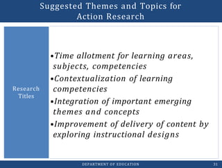•Time allotment for learning areas,
subjects, competencies
•Contextualization of learning
competencies
•Integration of important emerging
themes and concepts
•Improvement of delivery of content by
exploring instructional designs
Research
Titles
DEPARTMENT OF EDUCATION 31
Suggested Themes and Topics for
Action Research
 
