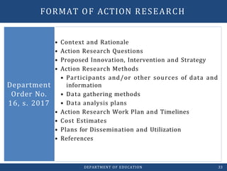 • Context and Rationale
• Action Research Questions
• Proposed Innovation, Intervention and Strategy
• Action Research Methods
• Participants and/or other sources of data and
information
• Data gathering methods
• Data analysis plans
• Action Research Work Plan and Timelines
• Cost Estimates
• Plans for Dissemination and Utilization
• References
Department
Order No.
16, s. 2017
DEPARTMENT OF EDUCATION 33
FORMAT OF ACTION RESEARCH
 