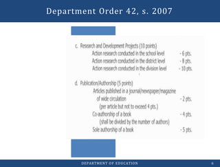 The Revised
Guidelines on
Selection,
Promotion,
and
Designation of
School Heads
Department Order 42, s. 2007
DEPARTMENT OF EDUCATION 6
 
