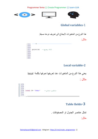Programmer femo || Create Programmer || Learn LUA
||
https://t.me/create_programmer
telegram :
fatimahassen55@gmail.com
Global variables-1
‫ال‬ ‫من‬ ‫النوع‬ ‫هذا‬
‫مسبقا‬ ‫نوعه‬ ‫تعريف‬ ‫الى‬ ‫اليحتاج‬ ‫متغيرات‬
.
‫مث‬
‫ا‬
‫ل‬
:
Local variable-2
‫بكلمة‬ ‫نعرفها‬ ‫تعريفها‬ ‫عند‬ ‫المتغيرات‬ ‫من‬ ‫النوع‬ ‫هذا‬ ‫يعني‬
local
: ‫مثال‬
Table fields-3
‫المصفوفات‬ ‫او‬ ‫الجدول‬ ‫عناصر‬ ‫تمثل‬
.
:‫مثال‬
 