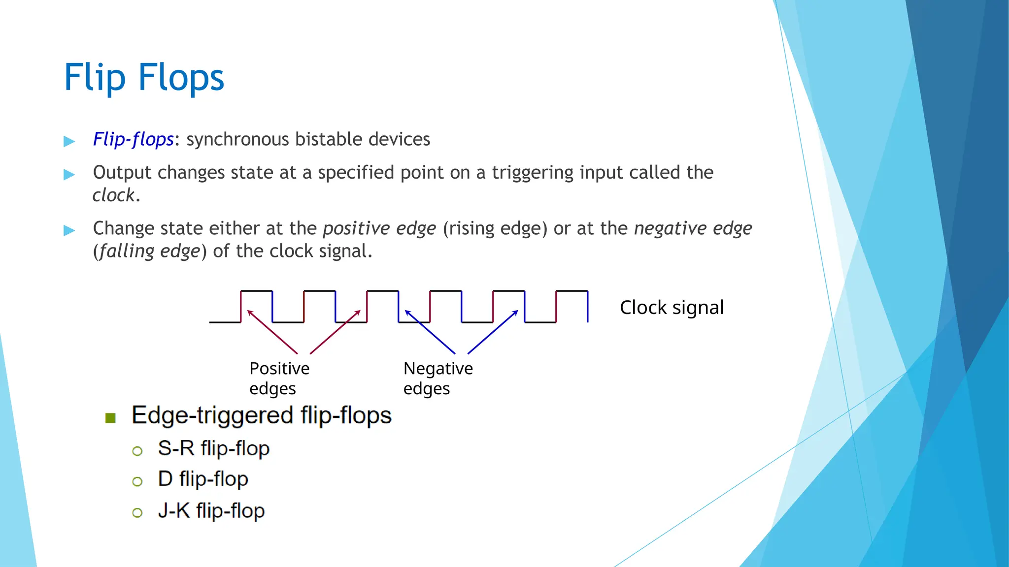 Flip Flops
▶ Flip-flops: synchronous bistable devices
▶ Output changes state at a specified point on a triggering input called the
clock.
▶ Change state either at the positive edge (rising edge) or at the negative edge
(falling edge) of the clock signal.
Clock signal
Positive
edges
Negative
edges
 