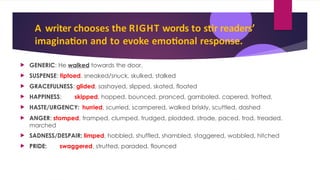 A writer chooses the RIGHT words to stir readers’
imagination and to evoke emotional response.
 GENERIC: He walked towards the door.
 SUSPENSE: tiptoed, sneaked/snuck, skulked, stalked
 GRACEFULNESS: glided, sashayed, slipped, skated, floated
 HAPPINESS: skipped, hopped, bounced, pranced, gamboled, capered, trotted,
 HASTE/URGENCY: hurried, scurried, scampered, walked briskly, scuttled, dashed
 ANGER: stomped, tramped, clumped, trudged, plodded, strode, paced, trod, treaded,
marched
 SADNESS/DESPAIR: limped, hobbled, shuffled, shambled, staggered, wobbled, hitched
 PRIDE: swaggered, strutted, paraded, flounced
 