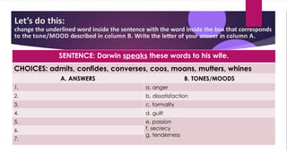 Let’s do this:
change the underlined word inside the sentence with the word inside the box that corresponds
to the tone/MOOD described in column B. Write the letter of your answer in column A.
SENTENCE: Darwin speaks these words to his wife.
CHOICES: admits, confides, converses, coos, moans, mutters, whines
A. ANSWERS B. TONES/MOODS
1. a. anger
2. b. dissatisfaction
3. c. formality
4. d. guilt
5. e. passion
f. secrecy
g. tenderness
6.
7.
 